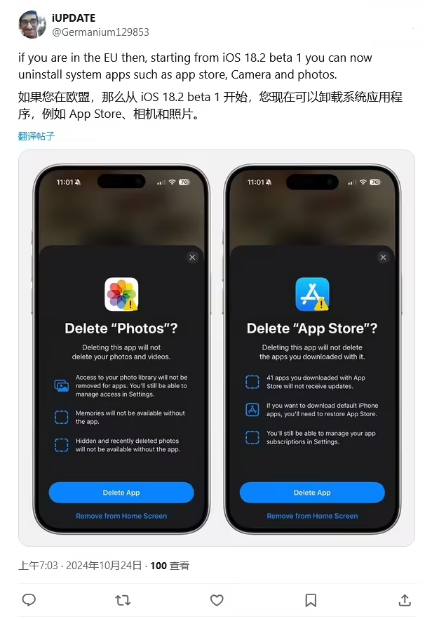 八所镇苹果手机维修分享iOS 18.2 支持删除 App Store 应用商店 