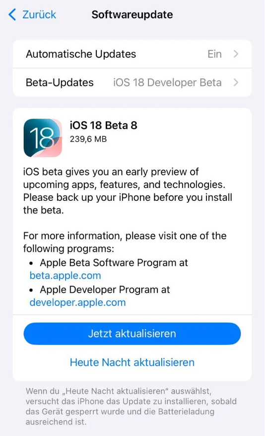 八所镇苹果手机维修分享苹果 iOS / iPadOS 18 开发者预览版 Beta 8 发布 